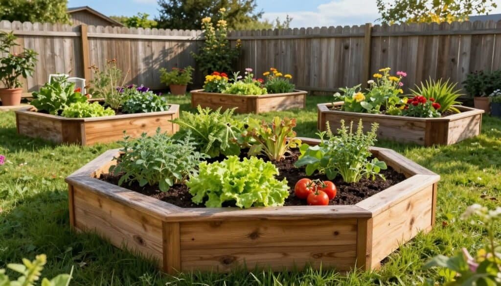 A beautifully designed raised garden bed elevated off the ground, showcasing a unique hexagonal shape made from weathered cedar wood. In the foreground, vibrant green vegetables such as tomatoes, lettuce, and herbs are flourishing within the bed, illuminated by soft, warm sunlight. The middle ground features additional raised beds with varied heights and shapes, planted with colorful flowers and vegetables, set against a rustic wooden fence. In the background, a serene backyard scene unfolds, with lush grass, blooming shrubs, and a clear blue sky overhead. The overall atmosphere is peaceful and inviting, encouraging creativity in gardening. The photo is taken with a wide-angle lens to capture the entire scene, highlighting the textures and details of the wood and plants in bright, natural light.