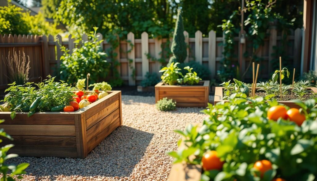 A beautifully designed raised garden bed in a backyard setting, overflowing with vibrant vegetables and lush greenery. In the foreground, a wooden raised bed with a rustic finish showcases a variety of vegetables like tomatoes, cucumbers, and herbs, arranged for visual appeal. The middle ground features well-defined pathways made of gravel or wood chips, guiding the viewer's eye towards the garden. The background includes a soft-focus view of a quaint garden fence with climbing plants and a hint of sunlight streaming through the leaves, creating a warm and inviting atmosphere. The scene is illuminated by bright, natural light, highlighting the textures of the wood and foliage. A slight angle from above captures the beauty of this DIY gardening setup, evoking a sense of tranquility and inspiration for backyard gardening enthusiasts.