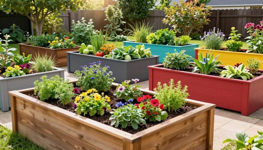 A beautifully designed raised garden bed in a variety of unique styles, showcasing a mix of rustic wood, modern metal, and vibrant painted options. In the foreground, a wooden planter box brimming with colorful herbs and flowers, arranged in neat dividers, inviting a sense of organization. The middle ground features larger raised beds in different shapes, each filled with healthy vegetables and ornamental plants, highlighting creative gardening. In the background, a bright, sunny garden setting with soft sunlight filtering through leafy trees, adding an inviting atmosphere. The angle captures the depth of the garden, emphasizing natural textures and vibrant colors. The mood is cheerful and inspiring, ideal for showcasing innovative gardening design variations under realistic home décor and woodworking aesthetics.
