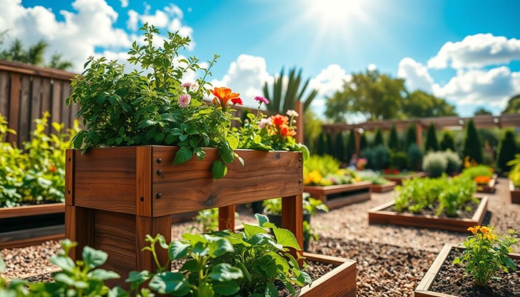 A beautifully designed raised outdoor planter box made of rich, weather-resistant wood, prominent in the foreground, showcasing lush green herbs and colorful flowers. The planter is elevated, demonstrating practical, accessible gardening design. Surrounding the planter box, the scene features a well-manicured garden with a variety of plants in different beds, enhancing the immersive gardening atmosphere. The background includes a clear blue sky with soft, fluffy clouds and sunlight streaming down, creating a warm, inviting environment. Capture this scene using a wide-angle lens to encompass the entire garden layout, emphasizing the planter box as a focal point. The overall mood is serene and vibrant, ideal for promoting easy gardening.
