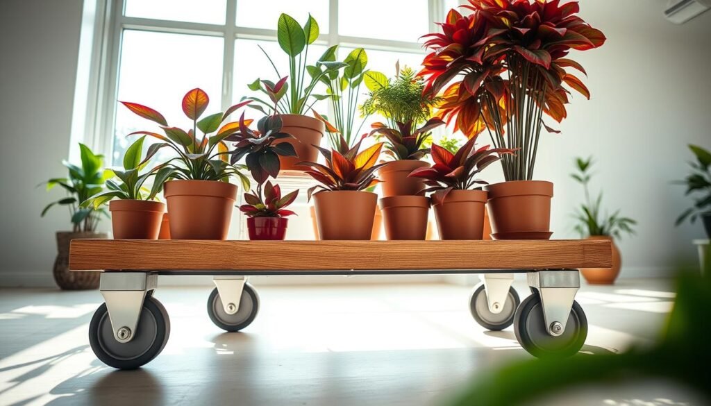A beautifully designed rolling planter showcasing multiple vibrant plants arranged artfully. In the foreground, the planter features smooth, polished wooden shelves with various plant pots in rich, earthy tones, highlighting the different textures of leaves. The middle ground includes the smooth wheels of the planter, reflecting the natural light and enhancing its mobility. The background displays a softly lit room with large windows allowing bright natural sunlight to flood in, creating an airy atmosphere. Sunlight casts gentle shadows, emphasizing the elegant lines of the planter. Use a wide-angle lens to capture the entire setup, adding depth and inviting the viewer into this tranquil, plant-filled space. The mood is serene and inviting, perfect for flexible arrangements of indoor greenery.