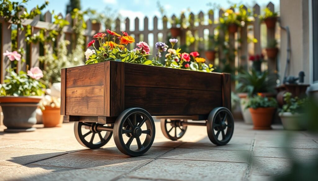 A beautifully designed rolling wooden planter, made from rich, dark-stained timber, is the focal point in the foreground, showcasing intricate woodworking details and vibrant flowers flourishing within. The planter features sturdy, well-constructed wheels for easy mobility, emphasizing a practical and creative approach to gardening. In the middle ground, a sunny patio with textured tiles complements the scene, adorned with additional greenery and decorative elements to enhance the atmosphere. In the background, soft-focused potted plants and a charming garden fence under a clear blue sky add depth, while bright, natural light filters through, creating a warm and inviting ambiance. The image evokes a sense of creativity and tranquility, perfect for inspiring DIY enthusiasts.