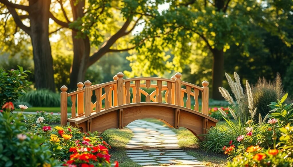 A beautifully designed small garden bridge, crafted from natural wood, gracefully arched over a serene, lush garden landscape. In the foreground, the intricately detailed bridge features elegant railings and a rustic finish, inviting viewers to envision walking across it. The middle ground showcases vibrant flowers and verdant greenery lining the pathway to the bridge, enhancing the inviting atmosphere. In the background, soft sunlight filters through towering trees, casting gentle shadows and creating a warm, magical ambiance. The setting evokes tranquility, with birds chirping and a gentle breeze rustling the leaves, inviting you to imagine this picturesque scene in your own backyard. The composition emphasizes crisp details and vibrant colors, all captured with a soft focus for a dreamy effect.