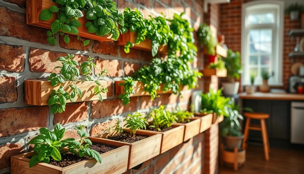 A beautifully designed vertical herb wall installation mounted on a rustic brick wall, featuring an array of vibrant green herbs such as basil, mint, and thyme. The foreground showcases wooden planters filled with soil and healthy plants, arranged in a staggered pattern for an appealing aesthetic. In the middle ground, the rich texture of the aged brick provides a warm contrast to the greenery. Bright natural light filters through a nearby window, casting soft shadows and creating a fresh, airy atmosphere. The background includes hints of a cozy kitchen space, further enhancing the home's inviting feel. The composition emphasizes a harmonious blend of nature and home decor, inviting viewers to envision their own herb wall project.