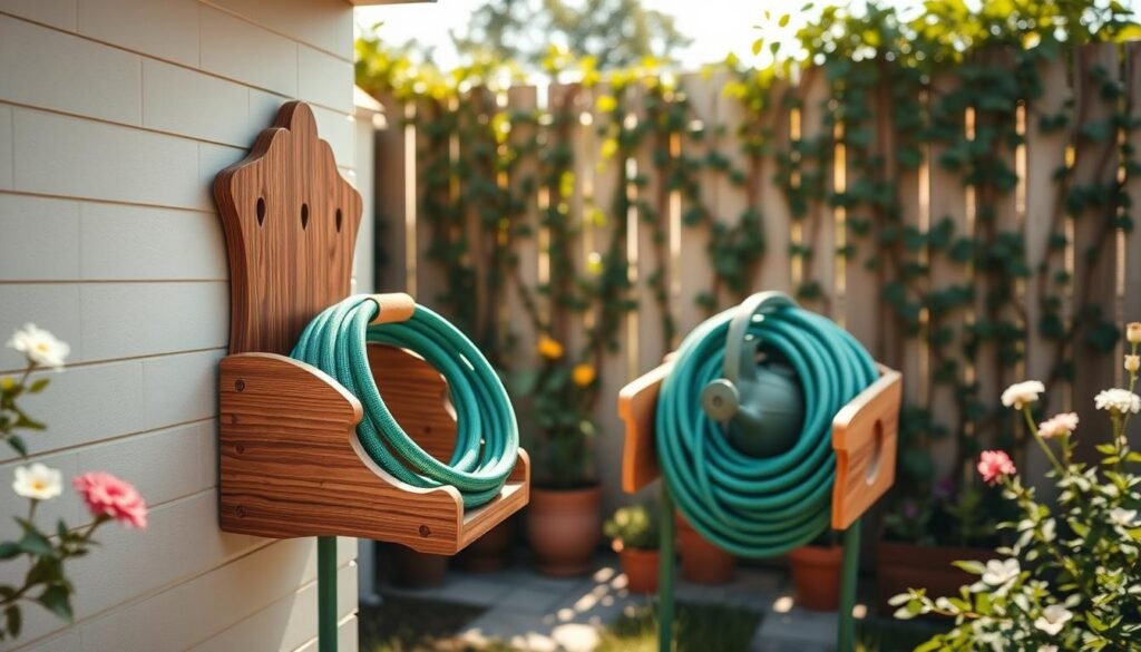 A beautifully designed wall-mounted hose storage solution nestled in a bright garden setting. In the foreground, highlight an elegant, handcrafted wooden hose holder with a smooth finish, showcasing intricate details like carved edges and a natural grain pattern. Coiled neatly around the holder, a vibrant green garden hose contrasts with the wood. In the middle ground, showcase potted flowering plants and a watering can, creating an inviting atmosphere. The background features a fence adorned with climbing vines, under soft, diffused sunlight that casts gentle shadows, enhancing the tranquility of the scene. Use a wide-angle lens perspective to capture the entire setup harmoniously, conveying an essence of organized outdoor utility and garden charm.