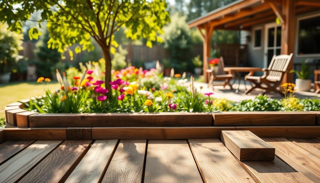A beautifully designed wooden garden border in a serene backyard setting, showcasing a variety of textures and styles of timber edging. In the foreground, various wooden planks are arranged artistically, revealing intricate grain patterns and finishes. The middle ground features a lush garden filled with colorful flowers and vibrant green foliage, bordered neatly by the wooden edging. In the background, a soft-focus view of a sunlit patio area with rustic garden furniture enhances the inviting atmosphere. The scene is bathed in bright natural light with soft sunlight filtering through leaves, creating a warm and airy ambiance. The composition should convey a sense of calm and elegance, perfect for a professional home garden design setting.