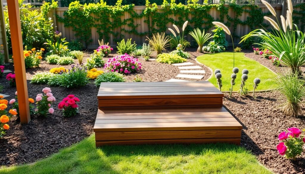 A beautifully landscaped backyard featuring a stylish wooden step platform integrated seamlessly into the design. In the foreground, the sturdy, handcrafted step platform showcases natural wood grains and is surrounded by lush, colorful flower beds and vibrant greenery. In the middle, various plants and shrubs create an inviting garden atmosphere, with well-mulched paths leading to the platform. The background reveals a neat fence lined with climbing vines and ornamental grasses swaying gently in the soft sunlight. The scene is bathed in bright, natural light, accentuating the warm textures of the wood and the vivid colors of the flowers. The angle captures the platform from slightly below, inviting the viewer into the serene gardening space, evoking a sense of comfort and tranquility in outdoor living.