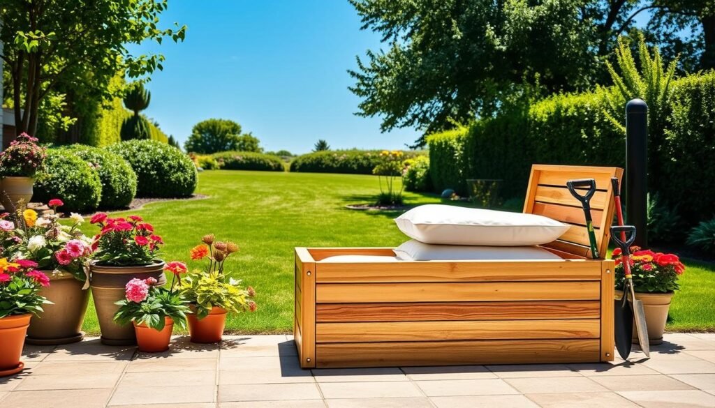 A beautifully landscaped backyard featuring a stylish wooden storage box designed for outdoor cushions and garden tools. In the foreground, the storage box is crafted from weather-resistant wood, showcasing a natural finish that gleams in the soft sunlight. Surrounding the box are vibrant potted plants with colorful flowers, adding a touch of life to the scene. The middle ground displays neatly stacked cushions, protected from moisture and sunlight, creating an inviting atmosphere. In the background, a lush green lawn and a clear blue sky complete the serene outdoor setting. The lighting is bright and airy, capturing the essence of a warm day. The entire image exudes a sense of tranquility, emphasizing the importance of keeping outdoor items dry and safe while enhancing the beauty of the garden space.