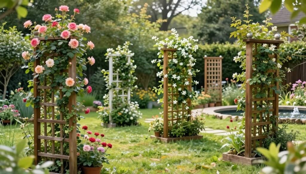A beautifully landscaped backyard featuring a variety of creative trellis designs integrated into the overall garden aesthetic. In the foreground, a wooden trellis adorned with climbing roses and ivy enhances the vibrant colors of the flowers. In the middle ground, several other trellis structures showcase various climbing plants like grapevines and jasmine, providing structure and vertical interest. The background reveals a lush green lawn and a small garden pond, all basking in soft, natural sunlight. The scene captures a serene and inviting atmosphere, ideal for outdoor relaxation. The lighting is bright yet soft, highlighting the textures of the wood and the delicate foliage, with a slight depth of field for an artistic touch that emphasizes the trellises.