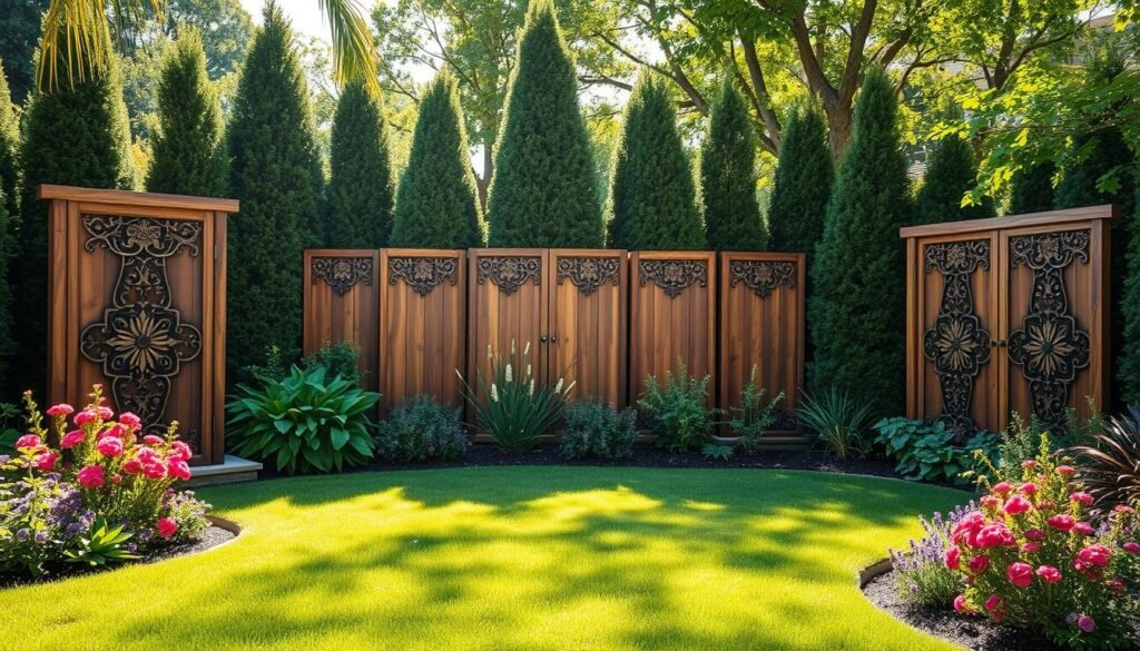 A beautifully landscaped backyard scene featuring strategically placed decorative garden panels designed for maximum privacy. In the foreground, lush green grass and colorful flowering plants surround a series of elegant wooden panels with intricate carvings, providing a sense of seclusion. In the middle ground, the panels are arranged at varying heights, creating visual interest and a natural barrier. The background showcases tall shrubs and trees softly illuminated by bright natural light, casting gentle shadows on the panels. The atmosphere is serene and inviting, with soft sunlight filtering through the leaves, highlighting the textures of the wood. Capture this scene from a slightly elevated angle to emphasize the layout and beauty of the decorative panels in harmony with the garden setting.
