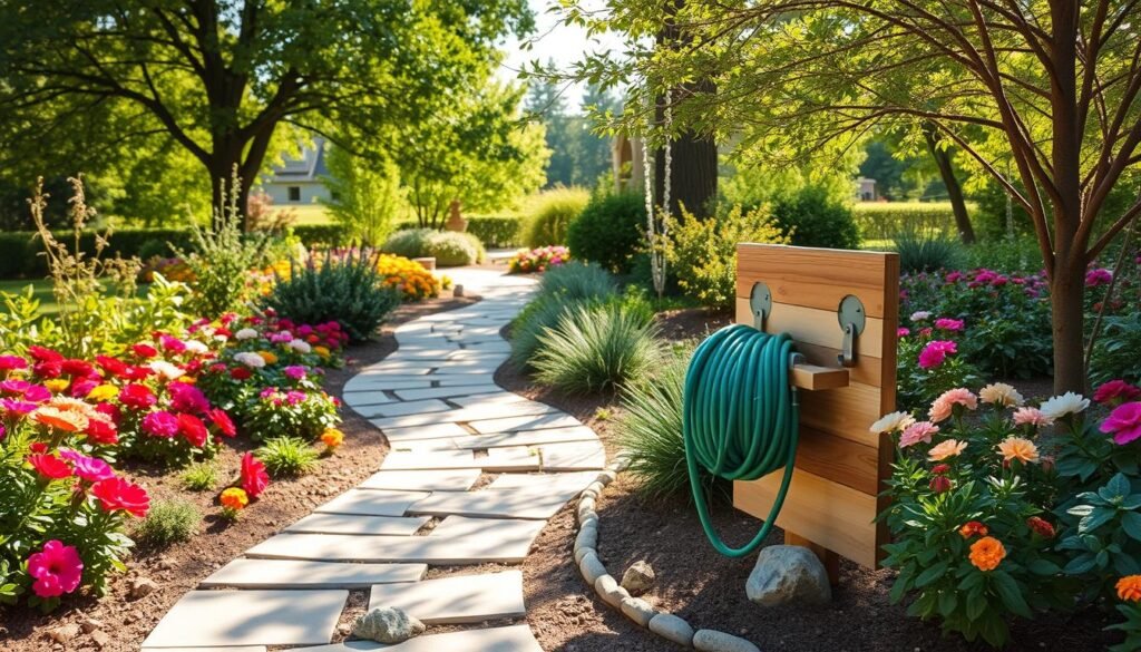 A beautifully landscaped garden featuring a DIY garden hose holder seamlessly integrated into pathways and landscaping. In the foreground, the hose holder is crafted from natural wood, surrounded by colorful flower beds with vibrant blooms and lush greenery. The middle ground showcases a gently winding stone pathway leading to the hose station, bordered by ornamental shrubs and small decorative rocks. In the background, sun-drenched trees provide a canopy of soft dappled light, enhancing the tranquil atmosphere. The scene is captured from a slightly elevated angle to provide depth, with bright natural sunlight illuminating the details and textures of the foliage and path. A serene and inviting mood prevails, perfect for showcasing outdoor organization.