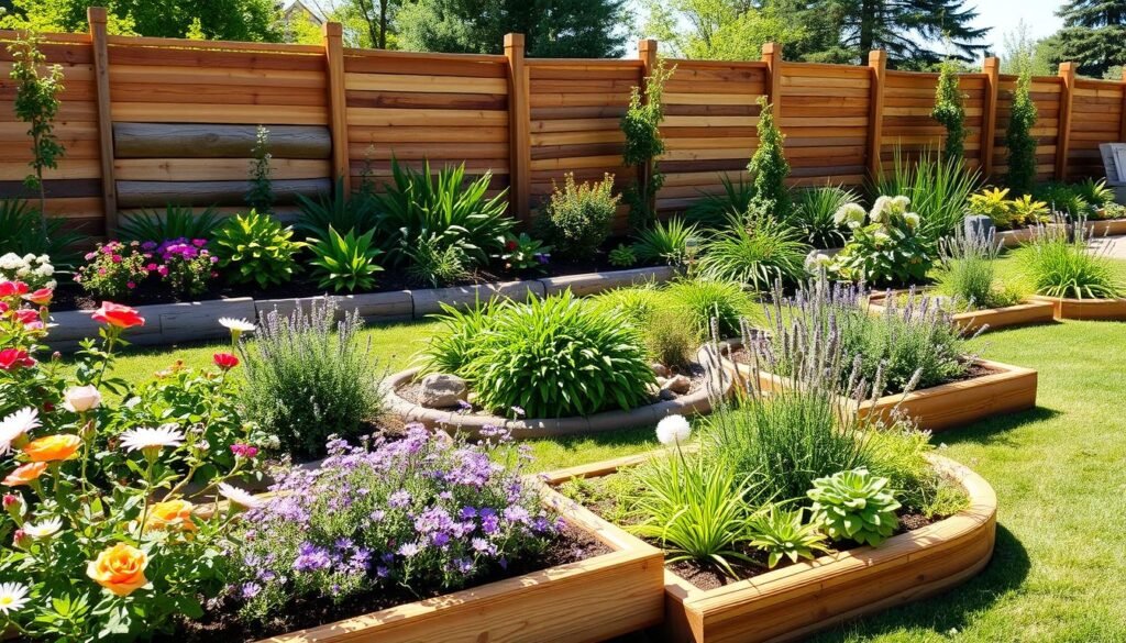 A beautifully landscaped garden featuring various wood garden borders that showcase popular design ideas. In the foreground, elegant wooden borders delineate colorful flower beds and vibrant greenery, with meticulous planting arrangements, such as roses, lavender, and daisies. The middle section presents a range of wood border styles, including rustic logs, elegant timber planks, and contemporary wooden fencing, all harmoniously integrated with the surrounding plants. In the background, a sunny day illuminates the scene with soft sunlight, casting gentle shadows, and emphasizing the rich textures of the wood and the lush foliage. The overall mood is inviting and serene, embodying a perfect outdoor retreat, with a focus on inspiring garden border ideas for various yard styles.