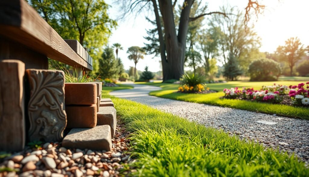 A beautifully landscaped garden path featuring various edging materials for a gravel walkway. In the foreground, close-up details of wooden timbers, decorative bricks, and natural stones set meticulously along the edge of the path. The middle ground shows a gently winding gravel path bordered by lush green grass and colorful flower beds, creating a vibrant contrast. The background includes a serene garden scene with tall trees and a clear blue sky, illuminated by soft sunlight filtering through the leaves, enhancing the tranquil ambiance. Shot with a wide-angle lens to capture the depth and texture of the materials, evoking a sense of harmony and natural beauty in a well-maintained outdoor space. A beautifully landscaped garden path featuring various edging materials for a gravel walkway. In the foreground, close-up details of wooden timbers, decorative bricks, and natural stones set meticulously along the edge of the path. The middle ground shows a gently winding gravel path bordered by lush green grass and colorful flower beds, creating a vibrant contrast. The background includes a serene garden scene with tall trees and a clear blue sky, illuminated by soft sunlight filtering through the leaves, enhancing the tranquil ambiance. Shot with a wide-angle lens to capture the depth and texture of the materials, evoking a sense of harmony and natural beauty in a well-maintained outdoor space.