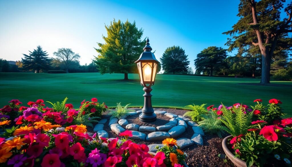 A beautifully landscaped garden surrounding a charming vintage lamp post, situated at the center of the image. In the foreground, vibrant flower beds bloom with colorful petunias and daisies, interspersed with lush green ferns. The middle ground features the elegant lamp post, casting a warm, inviting glow as the soft sunlight filters through the leaves. Surrounding it are neatly arranged stones, creating a welcoming path leading to the lamp. In the background, a tranquil lawn stretches out under clear blue skies, with a few trees providing gentle shade. The scene is bathed in bright, natural light, evoking a serene and enchanting atmosphere, perfect for evening gatherings or quiet moments in the garden. A beautifully landscaped garden surrounding a charming vintage lamp post, situated at the center of the image. In the foreground, vibrant flower beds bloom with colorful petunias and daisies, interspersed with lush green ferns. The middle ground features the elegant lamp post, casting a warm, inviting glow as the soft sunlight filters through the leaves. Surrounding it are neatly arranged stones, creating a welcoming path leading to the lamp. In the background, a tranquil lawn stretches out under clear blue skies, with a few trees providing gentle shade. The scene is bathed in bright, natural light, evoking a serene and enchanting atmosphere, perfect for evening gatherings or quiet moments in the garden.