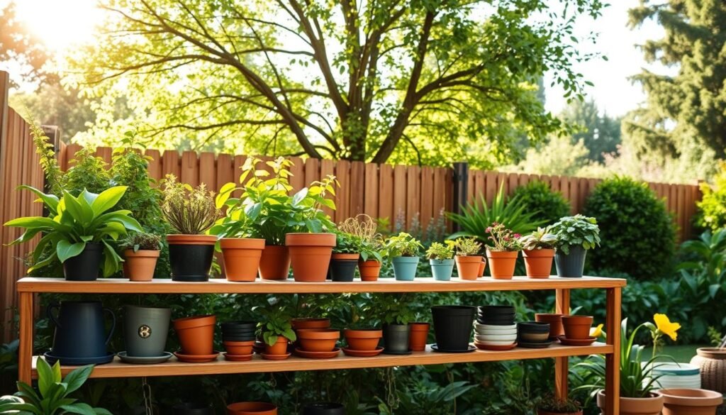A beautifully organized DIY garden pot storage shelf, showcased in a bright and airy backyard. In the foreground, the wooden shelf is filled with various garden pots, all weatherproofed with protective coatings. The shelf features a rustic design, with well-polished wood and metal brackets, reflecting both style and functionality. In the middle ground, lush green plants create a natural backdrop, enhancing the earthy vibe of the space. Soft, natural sunlight filters through nearby trees, casting gentle shadows and illuminating the scene. In the background, a well-maintained garden enhances the organized atmosphere, inviting a sense of tranquility and order. The overall mood is warm and inspiring, perfect for motivating DIY enthusiasts.