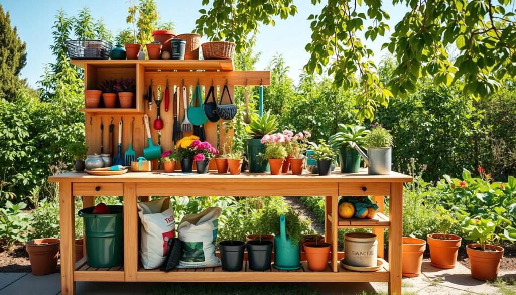 A beautifully organized DIY garden potting bench set in a sunlit outdoor space, designed for maximum efficiency and functionality. In the foreground, a wooden potting bench adorned with various gardening tools, pots, and soil bags, showcasing built-in shelving and hooks for easy access. In the middle, vibrant potted plants add color and life, while a watering can sits ready for use. The background features lush greenery, perhaps a flower bed or herb garden, under a clear blue sky. The scene is illuminated by soft, natural sunlight filtering through the leaves, creating a warm and inviting atmosphere. The composition should evoke a sense of productivity and peaceful gardening, captured from a slightly elevated angle to showcase the workspace effectively. A beautifully organized DIY garden potting bench set in a sunlit outdoor space, designed for maximum efficiency and functionality. In the foreground, a wooden potting bench adorned with various gardening tools, pots, and soil bags, showcasing built-in shelving and hooks for easy access. In the middle, vibrant potted plants add color and life, while a watering can sits ready for use. The background features lush greenery, perhaps a flower bed or herb garden, under a clear blue sky. The scene is illuminated by soft, natural sunlight filtering through the leaves, creating a warm and inviting atmosphere. The composition should evoke a sense of productivity and peaceful gardening, captured from a slightly elevated angle to showcase the workspace effectively.