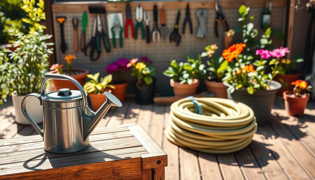 A beautifully organized DIY garden watering station, showcasing essential components for an effective watering hub. In the foreground, a sturdy wooden table holds a classic watering can and a high-quality garden hose neatly coiled. The middle ground features a stylish pegboard displaying various gardening tools, such as pruning shears and trowels, organized with care. In the background, vibrant potted plants bask in soft sunlight, casting gentle shadows on the wooden deck. The scene is illuminated by bright, natural light, enhancing the warmth and inviting atmosphere of the garden. Capture the image from a slightly elevated angle to provide a comprehensive view of the watering solutions, creating a sense of peace and harmony with nature.