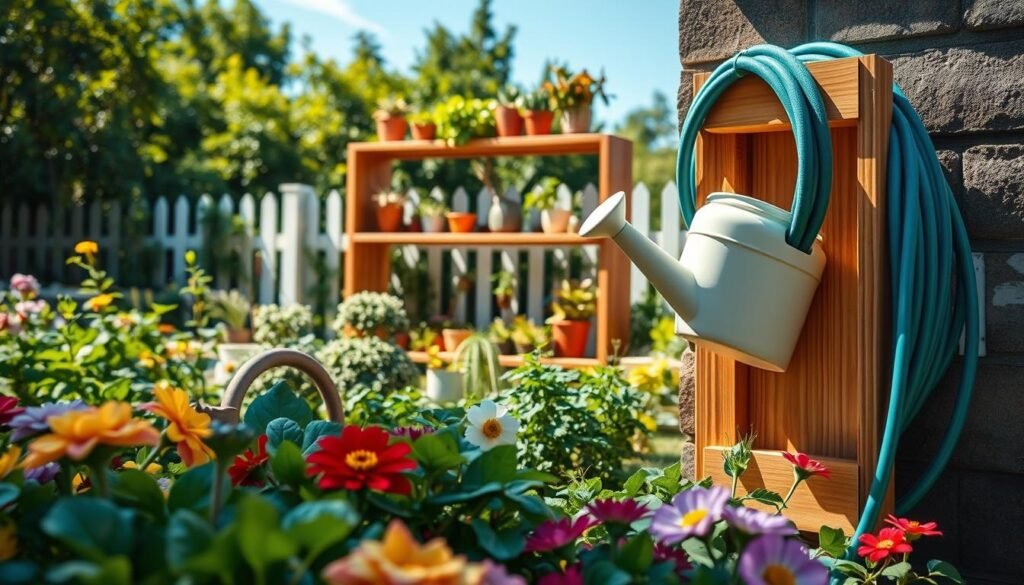 A beautifully organized DIY garden watering system, featuring a stylish wooden watering can storage unit and a coiled garden hose neatly secured, set against a lush garden background. The foreground shows a colorful array of flowers and vegetables, with a small watering nozzle shining in the sunlight. In the middle, a rustic wooden shelving unit displays various gardening tools and pots, with bright natural light illuminating the scene. The background features a well-maintained garden with greenery, framed by a picket fence under a clear blue sky. The atmosphere conveys freshness and efficiency, inviting viewers into a serene, practical gardening space. Soft sunlight enhances the details, creating a warm and welcoming mood.