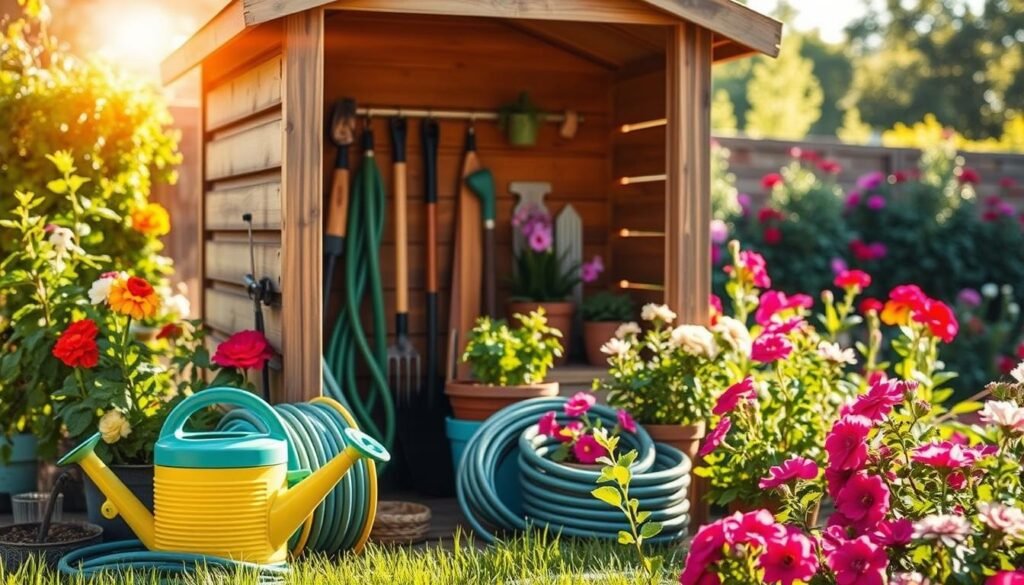 A beautifully organized backyard garden watering station, featuring a wooden storage shed for hoses and watering cans, surrounded by vibrant flowers and lush greenery. In the foreground, a colorful watering can rests next to a coiled hose. In the middle ground, the wooden shed displays neatly arranged gardening tools and potted plants. The background is filled with a picturesque garden landscape bathed in soft, warm sunlight, highlighting the rich colors of blooming flowers and healthy foliage. The scene captures a serene and inviting atmosphere, evoking a sense of tranquility and ease in gardening. The image should have a slightly elevated angle to showcase the station's functionality, with bright, natural light illuminating every detail.