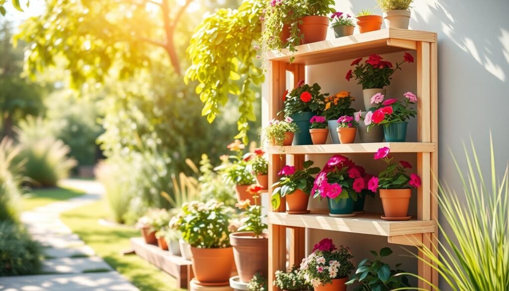 A beautifully organized corner plant shelving unit made of light wood, showcasing an array of colorful garden pots filled with vibrant flowers and lush greenery. In the foreground, a well-arranged corner shelf, with plants cascading from the top shelf and larger pots on the lower levels. The middle ground features a soft, sunlit backdrop of a well-maintained outdoor space, with dappled light filtering through leaves. The background includes a hint of a garden path and tall grass to enhance the outdoor feel. The overall atmosphere is bright, warm, and inviting, with soft sunlight casting gentle shadows, creating a serene outdoor ambience. The angle captures the shelves at a slightly elevated perspective to emphasize depth and dimension.