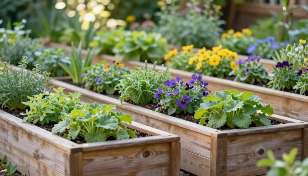 A beautifully organized garden bed design featuring multiple divider boxes made from natural wood, showcasing an inviting and harmonious layout. In the foreground, focus on a close-up of the rustic wooden dividers, slightly weathered yet well-maintained, with vibrant green plants flourishing on either side. The middle ground includes a variety of healthy herbs and flowering plants, creating a colorful tapestry of greens, purples, and yellows. In the background, a soft-focus garden with sunlight filtering through leaves creates an airy atmosphere, enhancing the feeling of tranquility. The scene is illuminated by soft natural light, highlighting the textures of the wood and plants. Captured with a wide-angle lens, the image invokes a sense of peaceful organization, ideal for inspiring DIY garden enthusiasts.