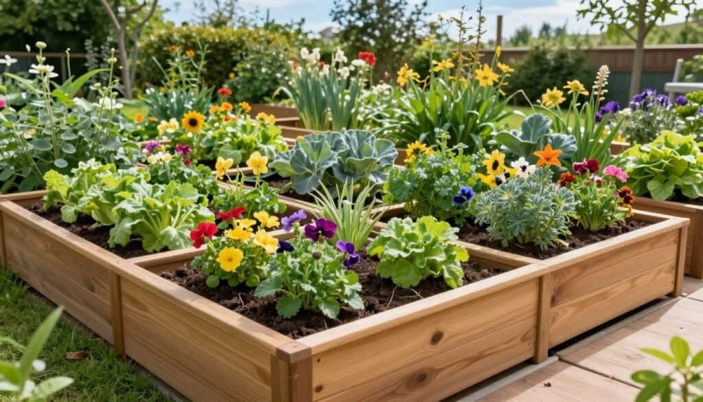 A beautifully organized garden bed featuring a stylish wooden plant divider box, segmented to create distinct planting areas for flowers and vegetables. In the foreground, the planter box showcases vibrant flowers and healthy green herbs, with rich soil visible. The middle ground reveals neatly arranged rows of various plants, each section clearly demarcated by the divider box, enhancing the orderly appearance. In the background, a sunny garden bathed in soft natural light creates a bright, inviting atmosphere. The scene captures the essence of a well-maintained garden, with lush greenery and pops of color, under a clear blue sky. The overall mood is serene and harmonious, promoting the idea of an efficient and aesthetic gardening solution.