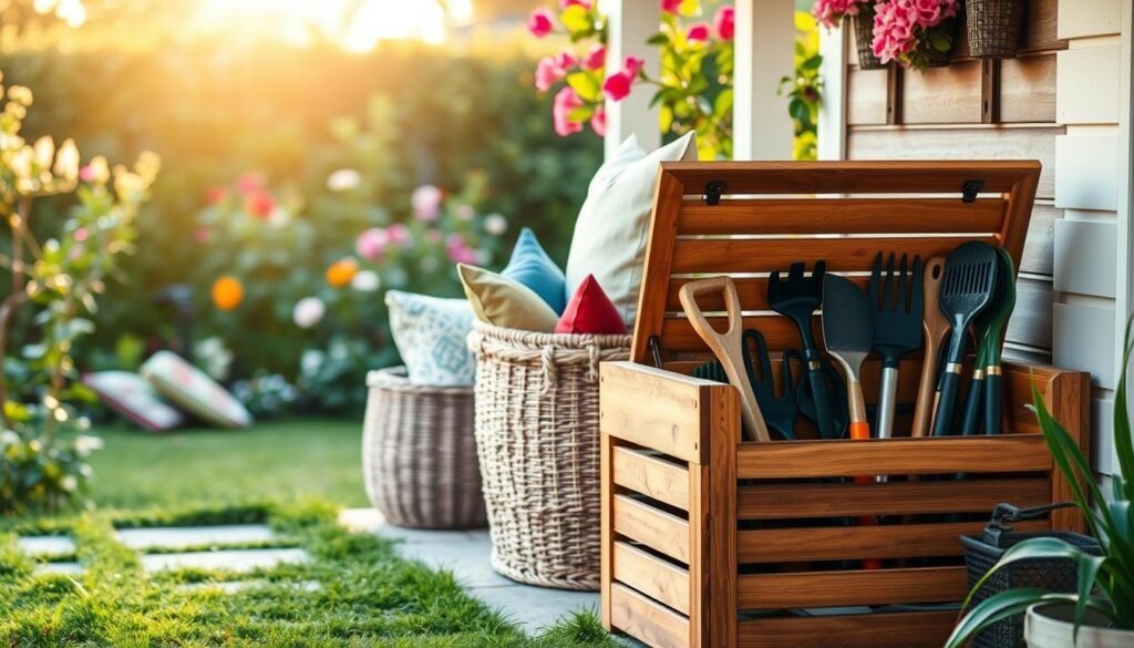 A beautifully organized garden storage area featuring various creative storage box ideas for garden tools and outdoor cushions. In the foreground, showcase a wooden storage box with a slatted design, partially open to reveal neatly arranged gardening tools. In the middle, include a stylish woven storage container filled with colorful outdoor cushions, adding texture and contrast. The background features a vibrant garden, lush greenery, and blooming flowers, illuminated by soft, warm sunlight creating a peaceful ambiance. The scene is captured at a slight angle, emphasizing depth and inviting the viewer to explore this organized yet aesthetically pleasing outdoor space. The overall mood should be bright, fresh, and inspiring, perfect for DIY enthusiasts.
