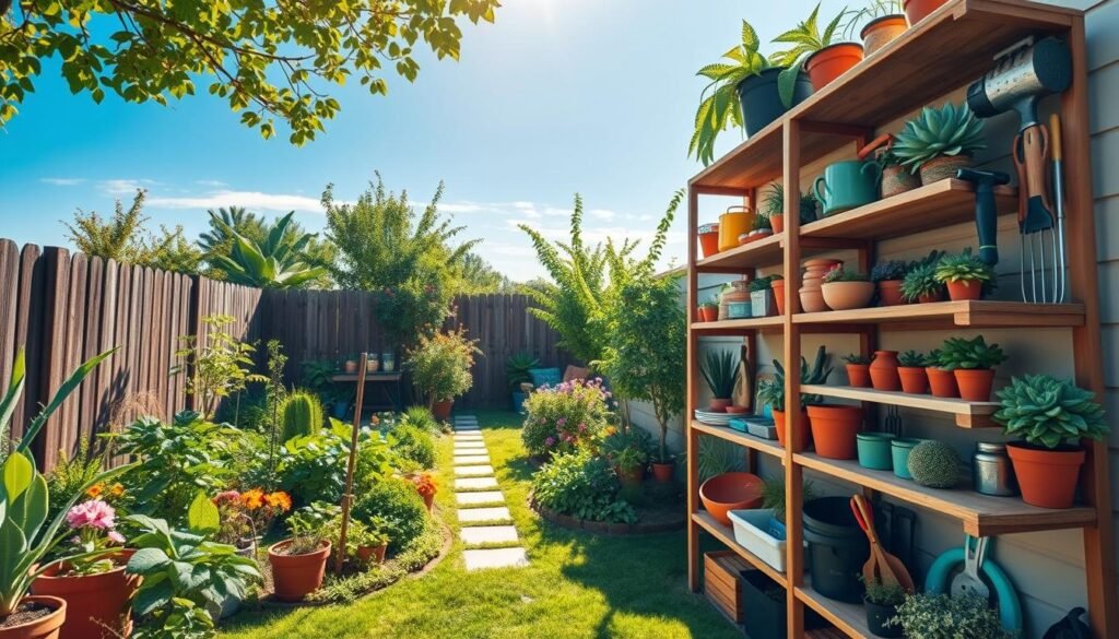 A beautifully organized garden storage shelf in a serene backyard setting. In the foreground, wooden shelves display an array of terra cotta pots, gardening tools, and colorful plant accessories, all neatly categorized. In the middle ground, lush green plants, vibrant flowers, and a small garden path create a harmonious balance. The background features a clear blue sky with soft sunlight filtering through leaves, casting gentle shadows on the scene. The mood is calm and inviting, ideal for gardening enthusiasts. Use a wide-angle lens to capture the entire setup in bright, natural light, emphasizing the meticulous maintenance of the garden organization system.