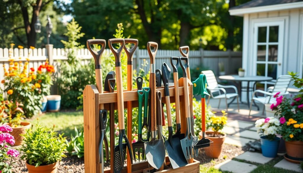 A beautifully organized garden tool rack displayed prominently in a well-maintained backyard. In the foreground, showcase a handcrafted wooden tool rack, filled with various garden tools like spades, rakes, and pruning shears, neatly arranged and easily accessible. The middle ground features vibrant, flourishing plants and flowers, creating a serene gardening atmosphere. The background includes a sunny patio area, with soft sunlight filtering through trees, adding warmth to the scene. Capture the image in a wide-angle view to emphasize the functionality and aesthetics of the tool organization. The mood is fresh and inviting, embodying the rewards of a customized and efficient garden workspace, perfect for DIY enthusiasts and gardening lovers.