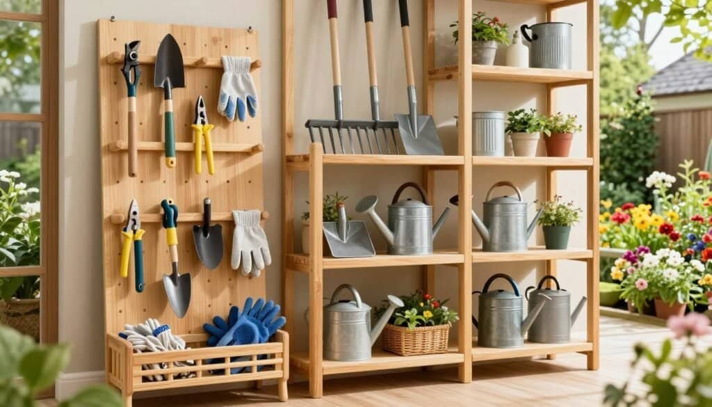 A beautifully organized garden tool storage area, featuring vertical racks and shelves designed for efficient tool management. In the foreground, a wooden pegboard showcasing hand tools like trowels, pruners, and gloves neatly arranged for easy access. The middle ground reveals sturdy shelving units filled with larger items like rakes, shovels, and watering cans, all made of natural wood for a rustic touch. The background displays an inviting and vibrant garden scene, with blooming flowers and green foliage under bright natural light. Soft sunlight creates warm highlights throughout the space, enhancing an airy and well-lit atmosphere. The composition captures a sense of order and DIY spirit, ideal for showcasing effective garden tool organization.