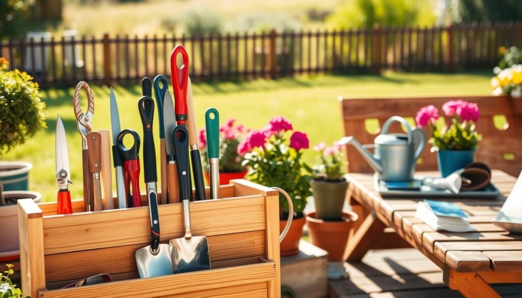 A beautifully organized garden tools organizer set against a bright, airy backyard workspace. In the foreground, a sturdy wooden storage unit displays a variety of neatly arranged tools: pruning shears, trowels, and a watering can, all showcasing their polished surfaces under soft sunlight. In the middle ground, vibrant potted plants add color and personality to the scene, while a wooden bench is equipped with gardening gloves and seed packets, suggesting an active gardening life. The background features a lush green lawn and a distant fence, bathed in warm natural light. The overall atmosphere is serene and inviting, highlighting the importance of having a clean and efficient workspace for gardening. The composition captures an uplifting mood, inspiring viewers to prioritize tool organization in their gardening efforts.