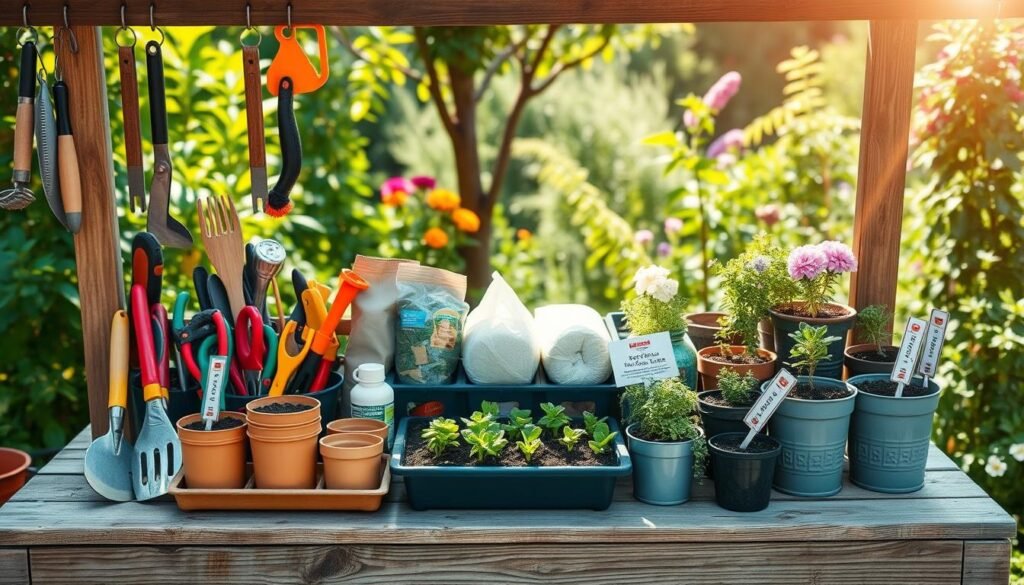 A beautifully organized gardening tool station located on a rustic potting bench with a wooden texture. In the foreground, showcase neatly arranged tools such as trowels, pruners, and gloves hanging on hooks or resting on a tray. Include colorful pots filled with soil and seedlings, creating a vibrant atmosphere. In the middle, display a variety of gardening supplies like soil bags, watering cans, and plant labels stored in labeled bins. The background features a lush garden setting with green foliage and blooming flowers, softly illuminated by bright, natural light cascading through the leaves. Capture the mood of a serene outdoor workspace, emphasizing functionality and accessibility in an inviting, airy environment, using a slight overhead angle to encompass the entire scene. A beautifully organized gardening tool station located on a rustic potting bench with a wooden texture. In the foreground, showcase neatly arranged tools such as trowels, pruners, and gloves hanging on hooks or resting on a tray. Include colorful pots filled with soil and seedlings, creating a vibrant atmosphere. In the middle, display a variety of gardening supplies like soil bags, watering cans, and plant labels stored in labeled bins. The background features a lush garden setting with green foliage and blooming flowers, softly illuminated by bright, natural light cascading through the leaves. Capture the mood of a serene outdoor workspace, emphasizing functionality and accessibility in an inviting, airy environment, using a slight overhead angle to encompass the entire scene.