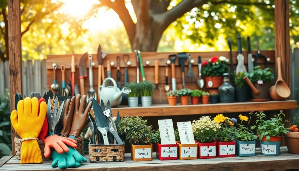 A beautifully organized gardening tool station on a backyard potting bench, featuring an array of essential tools like trowels, pruners, and watering cans displayed neatly. In the foreground, show colorful gloves and plant seeds in labeled containers. The middle ground showcases the potting bench made of rustic wood, with hooks displaying hand tools, while potted herbs and flowers add vibrant greenery. In the background, soft sunlight filters through nearby trees, casting gentle shadows. The atmosphere is calm and inviting, perfect for leisurely gardening. The scene is captured with a warm, natural color palette and a slight depth of field, emphasizing the tools and providing a sense of organization and functionality. A beautifully organized gardening tool station on a backyard potting bench, featuring an array of essential tools like trowels, pruners, and watering cans displayed neatly. In the foreground, show colorful gloves and plant seeds in labeled containers. The middle ground showcases the potting bench made of rustic wood, with hooks displaying hand tools, while potted herbs and flowers add vibrant greenery. In the background, soft sunlight filters through nearby trees, casting gentle shadows. The atmosphere is calm and inviting, perfect for leisurely gardening. The scene is captured with a warm, natural color palette and a slight depth of field, emphasizing the tools and providing a sense of organization and functionality.