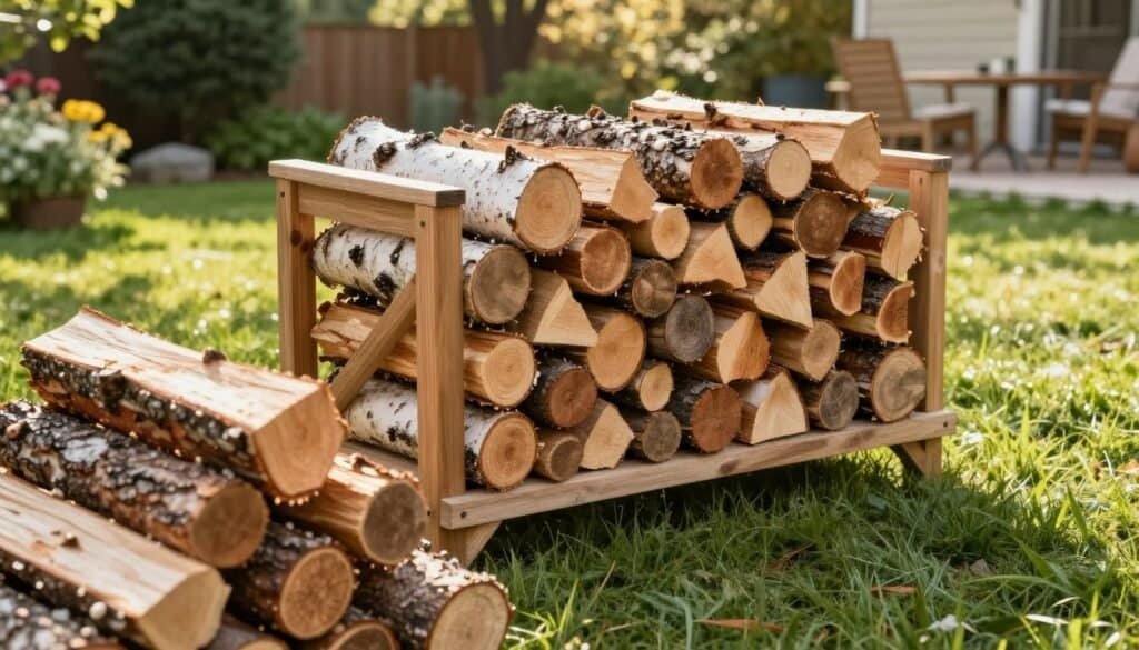A beautifully organized outdoor firewood rack, featuring neatly stacked logs of various sizes and types, such as birch and oak. Foreground shows a close-up of the firewood, showcasing their textures and wood grains. In the middle, an attractive wooden rack made from weather-resistant materials holds the firewood in an orderly fashion, surrounded by vibrant green grass. The background includes a well-manicured backyard with a hint of blooming flowers and a cozy patio visible. The scene is illuminated by soft, warm sunlight filtering through nearby trees, creating a tranquil and inviting atmosphere. The angle is slightly elevated to emphasize the neat arrangement of firewood while capturing the overall serenity of the outdoor space.