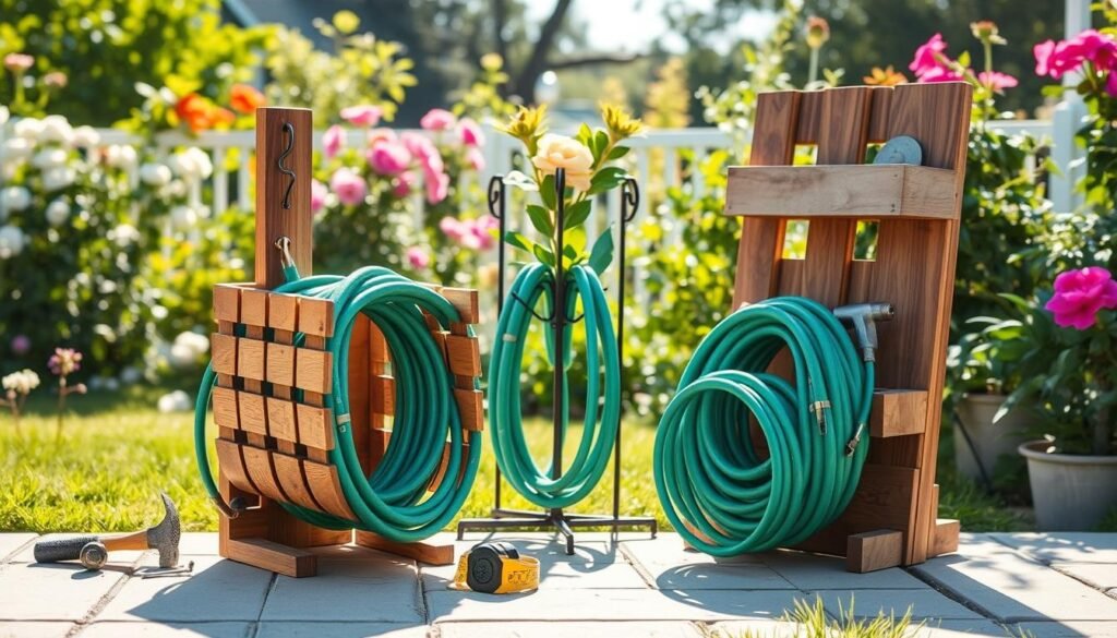 A beautifully organized outdoor scene showcasing a variety of DIY garden hose holder ideas. In the foreground, display a wooden garden hose holder, intricately designed with slats and hooks to neatly store a coiled green hose. Include a few tools such as a hammer, nails, and a measuring tape beside the holder. In the middle area, feature additional holder designs such as a plant-inspired metal holder and a rustic pallet-style holder, each displaying different hoses. The background reveals a vibrant garden with blooming flowers and lush greenery under bright, soft sunlight, creating an airy atmosphere. The lighting should be bright and natural, highlighting the textures of the wood and metal, while the angle captures the entire scene as if inviting the viewer into this charming outdoor space.