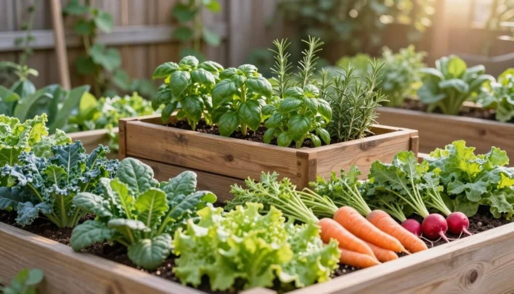 A beautifully organized small vegetable garden design featuring various sections partitioned with wooden dividers. In the foreground, vibrant rows of leafy greens like kale, spinach, and lettuce are neatly arranged beside colorful carrots and radishes. The middle section showcases a rustic wooden box acting as a plant divider, filled with flourishing herbs such as basil and rosemary, all bathed in soft, natural sunlight creating a warm and inviting atmosphere. In the background, a wooden fence adorned with climbing vines, allowing a sense of depth and privacy. The scene is captured with a shallow depth of field, focusing on the lush vegetation while softly blurring the background. The overall mood is serene and productive, emphasizing the joy of cultivating a compact, well-structured vegetable garden.