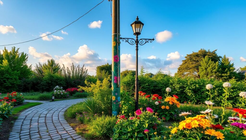 A beautifully painted utility pole stands prominently in a vibrant garden setting, adorned with colorful floral designs and whimsical patterns. In the foreground, a well-cared-for garden brimming with lush greenery and blooming flowers surrounds the pole. A decorative light post, complementing the utility pole, adds charm and ambiance, their paint glistening in the soft, warm sunlight. The middle layer features a cobblestone walkway leading up to the transformed pole, inviting viewers to explore this artistic integration into nature. In the background, a clear blue sky with gentle, fluffy clouds enhances the serene atmosphere, while the lighting captures the essence of a perfect garden day. The scene evokes a sense of creativity and serenity, perfect for DIY enthusiasts.