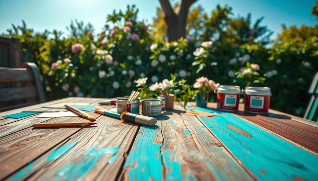 A beautifully styled garden table adorned with various paint swatches and wood stains, showcasing a blend of rustic charm and contemporary flair. In the foreground, the table is slightly weathered, displaying intricate details of wood grain enhanced by vibrant turquoise and deep mahogany hues. Scattered paintbrushes and open cans of stain add a creative touch. The middle layer features lush greenery with blooming flowers, softly diffusing the sunlight, creating a bright and inviting atmosphere. In the background, a clear blue sky and dappled sunlight filtering through trees enhance the sense of tranquility. The overall mood is cheerful and artistic, capturing the essence of DIY aesthetics. The image is well-lit, emphasizing the textures and colors of the decor. A beautifully styled garden table adorned with various paint swatches and wood stains, showcasing a blend of rustic charm and contemporary flair. In the foreground, the table is slightly weathered, displaying intricate details of wood grain enhanced by vibrant turquoise and deep mahogany hues. Scattered paintbrushes and open cans of stain add a creative touch. The middle layer features lush greenery with blooming flowers, softly diffusing the sunlight, creating a bright and inviting atmosphere. In the background, a clear blue sky and dappled sunlight filtering through trees enhance the sense of tranquility. The overall mood is cheerful and artistic, capturing the essence of DIY aesthetics. The image is well-lit, emphasizing the textures and colors of the decor.