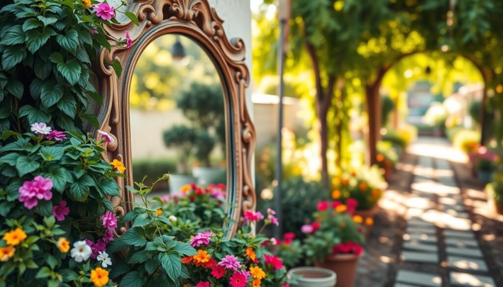 A beautifully styled outdoor garden setting featuring an ornate mirror framed with rustic wood. In the foreground, lush greenery and colorful flowering plants cascade around the mirror, reflecting vibrant shades of nature. The middle ground showcases the mirror's decorative frame, surrounded by potted herbs and flowers, creating a harmonious blend of reflection and nature. In the background, a softly blurred garden path leads into a sun-drenched space, with warm sunlight filtering through the leaves, creating a cozy and inviting atmosphere. Capture this scene from a slightly angled perspective to emphasize the mirror's reflection and the surrounding flora, showcasing the natural beauty of outdoor decor.