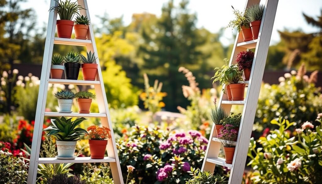 A beautifully styled outdoor garden showcasing a DIY ladder plant stand. In the foreground, a wooden ladder painted in soft pastel colors is adorned with vibrant potted plants of varying sizes, including succulents, ferns, and flowering herbs. Each shelf features a mix of textures and colors, creating visual interest. The middle ground captures a lush garden, with blooming flowers and greenery surrounding the ladder, enhancing the rustic charm. In the background, softly blurred trees and a light blue sky hint at a bright, sunny day. The warm natural light casts gentle shadows, emphasizing the details of the plants and ladder. The overall mood is inviting and fresh, ideal for outdoor decor inspiration.