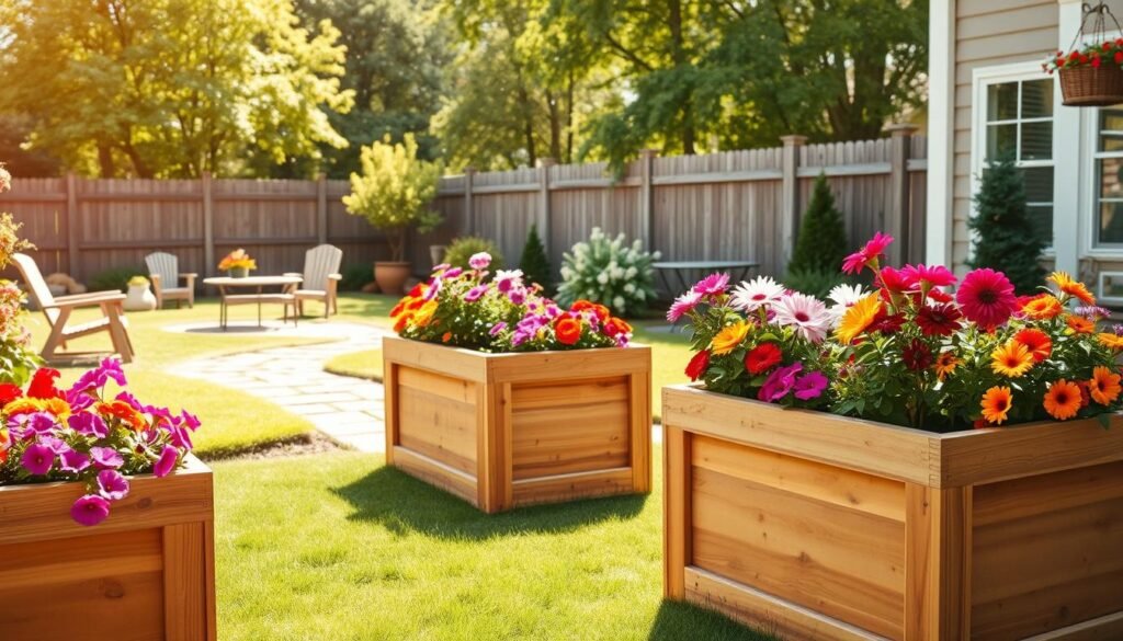 A beautifully transformed backyard featuring elegant wooden planter boxes filled with vibrant flowers. In the foreground, the planter boxes are crafted from natural wood, showcasing various colorful blooms such as petunias, marigolds, and dahlias. The middle ground includes a well-manicured lawn and stone pathways that lead to small seating areas with rustic garden furniture. The background features lush green trees and a wooden fence, providing a private oasis feel. The scene is bathed in bright, soft sunlight, creating warm shadows that add depth and warmth. The composition captures an inviting and cheerful atmosphere, perfect for a summer day, focusing on the relaxing and rejuvenating qualities of outdoor spaces.