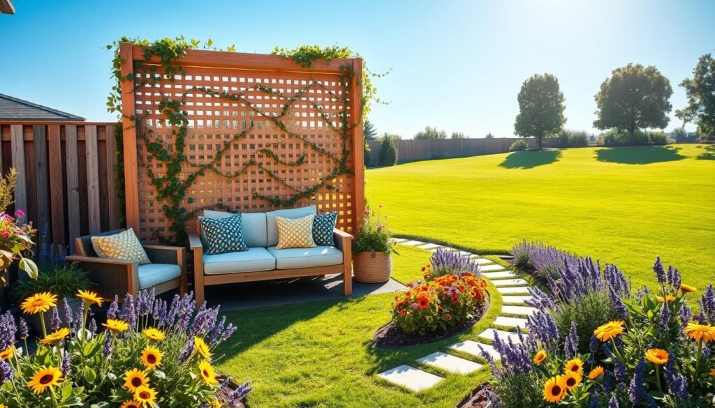 A beautifully transformed backyard scene showcasing various makeover ideas. In the foreground, an elegant wooden privacy screen stands tall, crafted from light-toned wood and adorned with climbing vines. Surrounding it, a cozy seating area features a chic outdoor sofa and colorful cushions, inviting relaxation. In the middle ground, vibrant flower beds burst with color, including sunflowers and lavender, while a small stone pathway elegantly winds through the greenery. In the background, a well-maintained lawn stretches out under a clear blue sky, with gentle sunlight casting soft shadows, enhancing the vibrant atmosphere. The scene conveys a fresh, inviting mood, perfect for a serene outdoor experience. The composition is shot with a wide-angle lens to capture the entire makeover in harmonious detail.