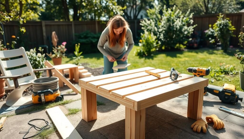 A bright, airy backyard scene showcasing a DIY garden side table project in progress. In the foreground, a medium-sized wooden table is half-assembled, with safety goggles and work gloves neatly placed nearby. The middle ground features a homeowner in modest casual clothing, carefully measuring wood pieces, demonstrating proper safety posture. Surrounding them are typical outdoor tools like a saw, drill, and level, emphasizing an organized workspace. The background reveals a lush garden with greenery and flowering plants under soft sunlight, creating a warm and inviting atmosphere. The image captures a sense of diligence and safety, highlighting the importance of precautions in outdoor DIY projects, with a focus on safe work practices. A bright, airy backyard scene showcasing a DIY garden side table project in progress. In the foreground, a medium-sized wooden table is half-assembled, with safety goggles and work gloves neatly placed nearby. The middle ground features a homeowner in modest casual clothing, carefully measuring wood pieces, demonstrating proper safety posture. Surrounding them are typical outdoor tools like a saw, drill, and level, emphasizing an organized workspace. The background reveals a lush garden with greenery and flowering plants under soft sunlight, creating a warm and inviting atmosphere. The image captures a sense of diligence and safety, highlighting the importance of precautions in outdoor DIY projects, with a focus on safe work practices.