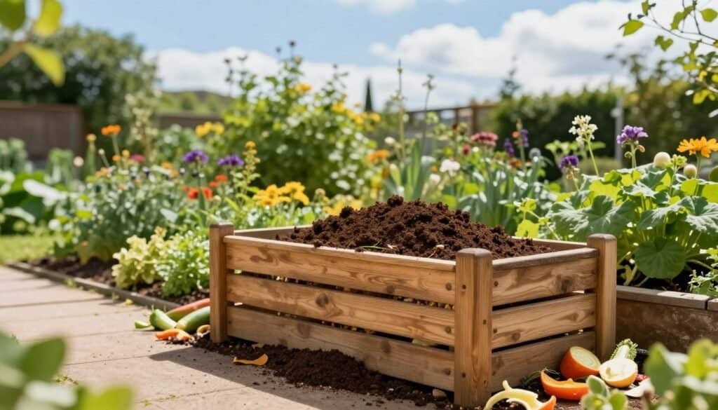 A bright, airy garden scene featuring a wooden compost bin under soft, natural sunlight. In the foreground, an attractive compost bin made of wooden slats, filled with rich, dark compost, surrounded by colorful kitchen scraps like vegetable peels and coffee grounds. In the middle ground, lush greenery and flowering plants adding vibrancy, with a well-maintained garden path to the side. The background shows a clear blue sky with a few fluffy clouds, creating a serene atmosphere. The image should convey a sense of warmth and sustainability. The lighting should be bright and inviting, with the focus on the compost bin as a symbol of eco-friendly gardening.