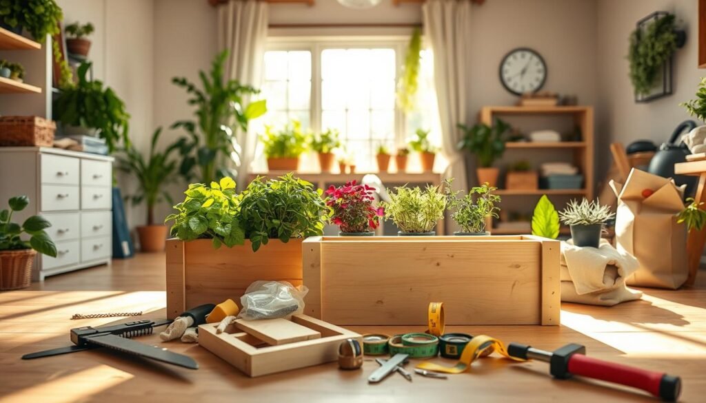A bright, airy indoor workspace featuring a variety of DIY herb planter box materials. In the foreground, showcase a wooden planter box kit, unassembled, with scattered tools like a saw, hammer, and measuring tape nearby. The middle layer reveals a selection of vibrant herb plants in small pots, alongside bags of potting soil and gardening gloves. The background features a sunlit window with soft sunlight pouring in, illuminating the scene and creating a warm, inviting atmosphere. The space is tidy, with accents of greenery adding to the fresh, natural vibe. The composition has a slightly elevated perspective to capture the details while providing a clear view of the essential tools and materials needed for the project. A bright, airy indoor workspace featuring a variety of DIY herb planter box materials. In the foreground, showcase a wooden planter box kit, unassembled, with scattered tools like a saw, hammer, and measuring tape nearby. The middle layer reveals a selection of vibrant herb plants in small pots, alongside bags of potting soil and gardening gloves. The background features a sunlit window with soft sunlight pouring in, illuminating the scene and creating a warm, inviting atmosphere. The space is tidy, with accents of greenery adding to the fresh, natural vibe. The composition has a slightly elevated perspective to capture the details while providing a clear view of the essential tools and materials needed for the project.
