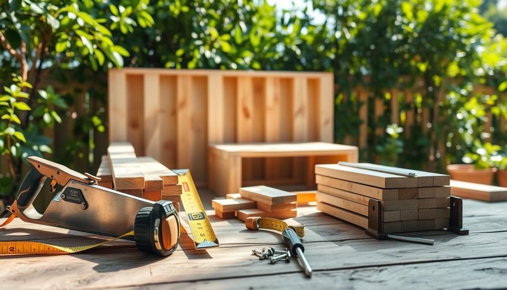A bright and airy DIY garden scene showcasing an array of tools and supplies for building a step platform. In the foreground, a wooden saw, a measuring tape, and a level are neatly arranged on a rustic wooden workbench. Beside them, a bundle of lumber rests, with screws and brackets scattered around. In the middle, a partially constructed wooden step platform stands, highlighting its sturdy frame and natural wood grain. The background features lush greenery, with sun-dappled light filtering through leaves, creating a warm, inviting atmosphere. The image captures soft sunlight, emphasizing the textures of the tools and wood. The angle is slightly elevated, offering a clear view of the checklist items, creating a sense of inspiration for backyard gardening enthusiasts.