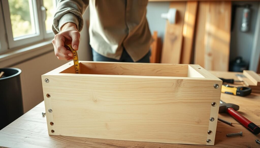 A bright and airy home workshop setting showcasing the step-by-step construction of a DIY planter box. In the foreground, a pair of hands clad in modest, casual clothing carefully measuring wooden planks with a tape measure. The middle layer captures the partially assembled planter box, featuring natural wood grains and drainage holes drilled into the bottom. Tools like a saw, hammer, and wood screws are neatly arranged to the side, conveying an organized workspace. The background reveals soft sunlight streaming in through a large window, illuminating the scene and creating a warm, inviting atmosphere. The overall mood is productive and inspiring, perfect for showcasing an engaging woodworking project.