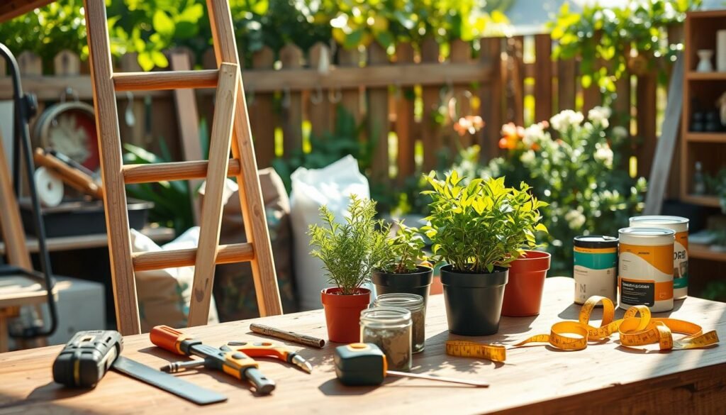 A bright and airy scene showcasing essential materials and tools for a DIY ladder plant stand, set in a sunlit garden workshop. In the foreground, a wooden ladder, partially assembled, leans against a rustic workbench. Nearby, various tools like a saw, screwdriver, and measuring tape are neatly arranged alongside pots of vibrant greenery, hinting at the plant display's potential. In the middle, bags of soil, hooks, and paint cans add texture and color. The background features a well-tended garden with sunlight filtering through the leaves, creating a warm atmosphere. The lighting is soft and natural, evoking a sense of creativity and inspiration. Capture this vibrant and motivating scene with a close-up angle, emphasizing the materials and tools while maintaining an inviting outdoor feel.