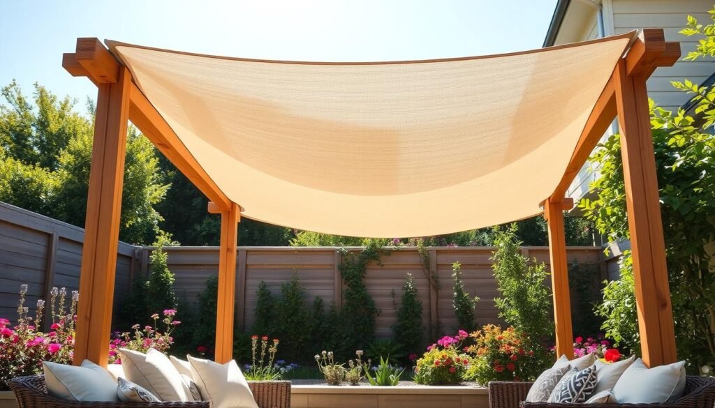 A budget-friendly shade frame design in a backyard garden seating area, showcasing a simple yet stylish structure made from wooden beams and a fabric canopy. In the foreground, a cozy seating arrangement with cushions invites relaxation. The middle ground features the shade frame, crafted with natural wood, adorned with lightweight, airy fabric that flutters gently in the breeze. The background reveals a lush garden filled with vibrant flowers and greenery, under a bright blue sky. Soft, warm sunlight filters through the canopy, creating a serene and inviting atmosphere. The overall mood is relaxed and inviting, perfect for outdoor enjoyment. The image should focus on the design details, emphasizing simplicity and functionality while maintaining an aesthetic appeal.