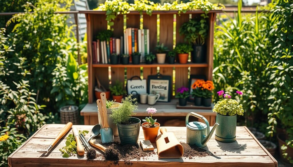 A charming backyard potting bench crafted from weathered wood, adorned with potted herbs and colorful flowers, set against a lush garden backdrop. In the foreground, the benchtop is scattered with gardening tools—trowels, soil bags, and a watering can—bathed in soft, warm sunlight that creates a cozy atmosphere. The middle features the potting bench itself, rustic yet functional, with shelves holding neatly arranged pots and gardening books, while the bright greenery of various plants fills the background, bathed in vibrant natural light. The scene evokes a sense of peaceful productivity, capturing the essence of outdoor gardening with an inviting and airy feel. The image should be composed with a slight overhead angle, showcasing the details of the bench and the surrounding garden. A charming backyard potting bench crafted from weathered wood, adorned with potted herbs and colorful flowers, set against a lush garden backdrop. In the foreground, the benchtop is scattered with gardening tools—trowels, soil bags, and a watering can—bathed in soft, warm sunlight that creates a cozy atmosphere. The middle features the potting bench itself, rustic yet functional, with shelves holding neatly arranged pots and gardening books, while the bright greenery of various plants fills the background, bathed in vibrant natural light. The scene evokes a sense of peaceful productivity, capturing the essence of outdoor gardening with an inviting and airy feel. The image should be composed with a slight overhead angle, showcasing the details of the bench and the surrounding garden.